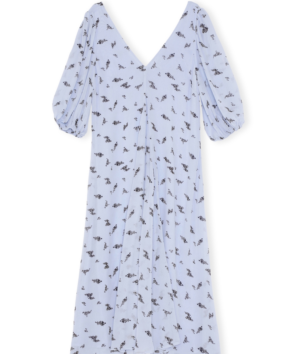 GANNI Printed Georgette Puff Sleeve Kjole Lyseblå