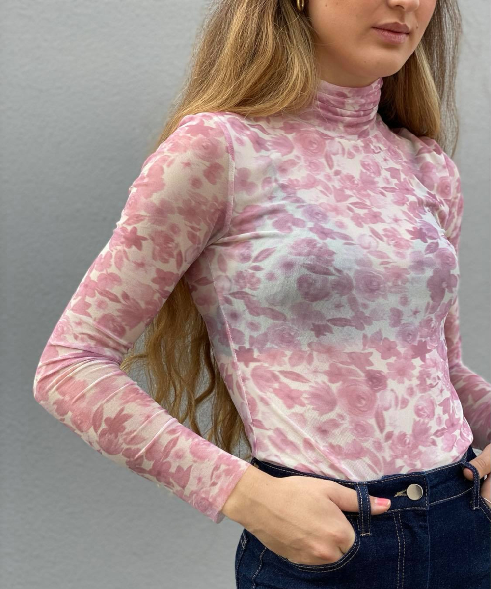 GANNI Printed Mesh Høyhalser Topp Rosa