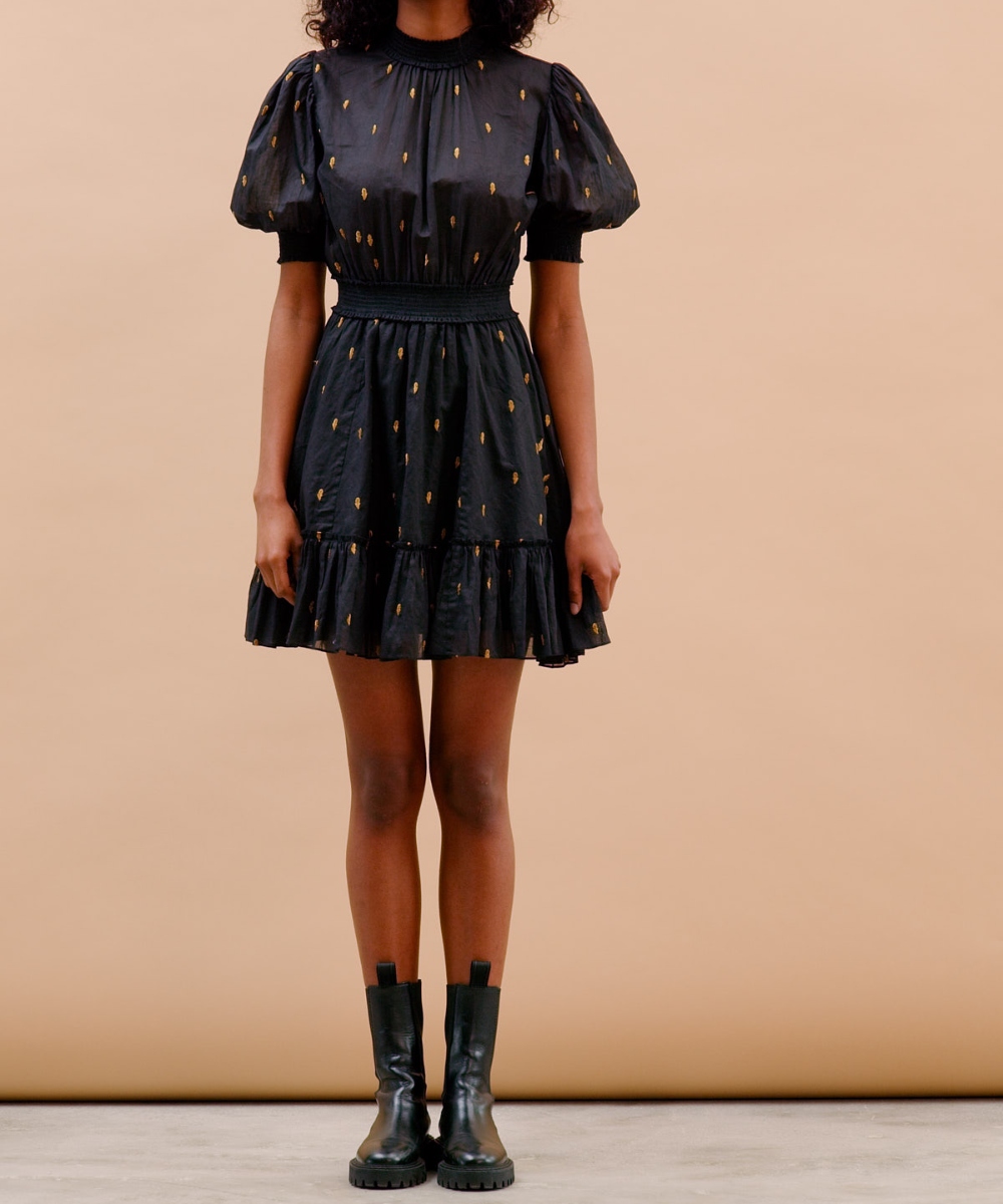 Bomull Organza Smocking Kjole Sort