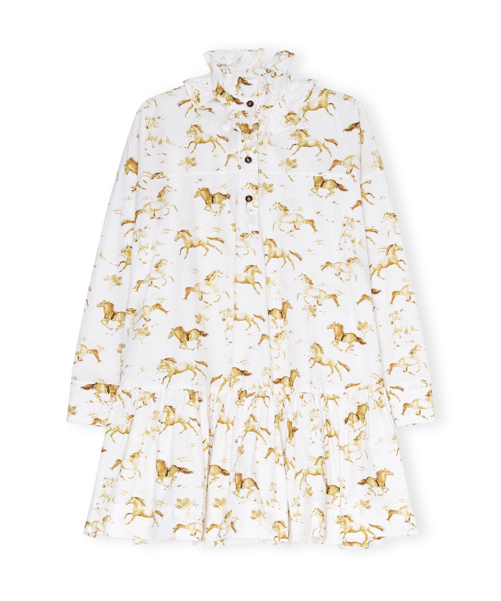 GANNI Printed Cotton Poplin Oversized Kjole Hvit