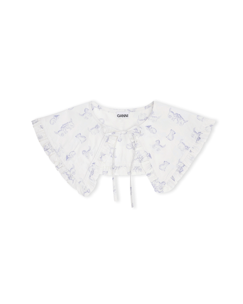 GANNI Printed Poplin Cotton Krage Katt Hvit