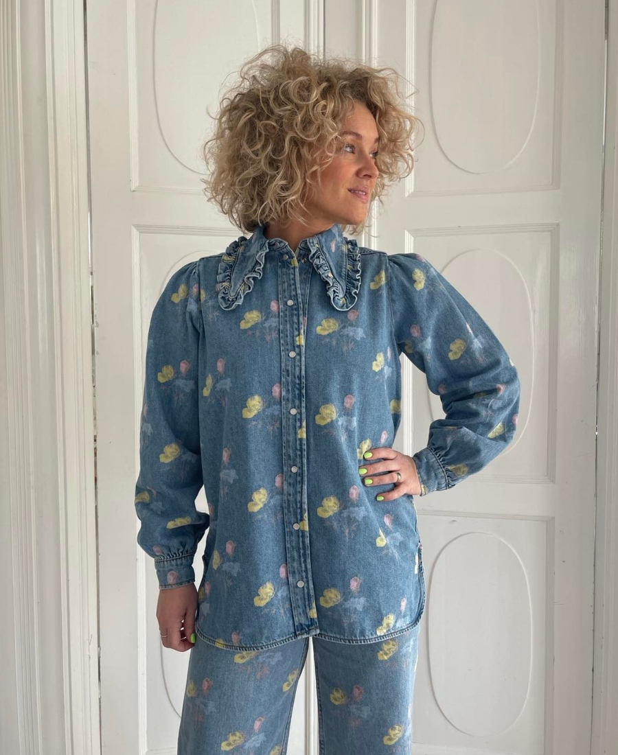GANNI Print Indigo Denim Skjorte Bleach Blue