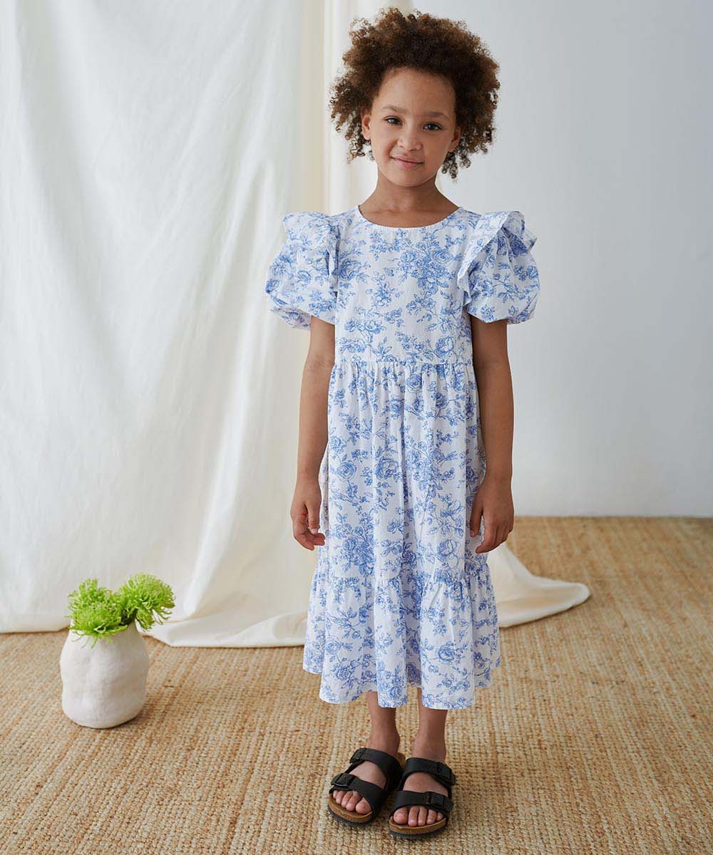 My Little Cozmo Noell Cotton Floral Ruffle Kjole Ivory Blue
