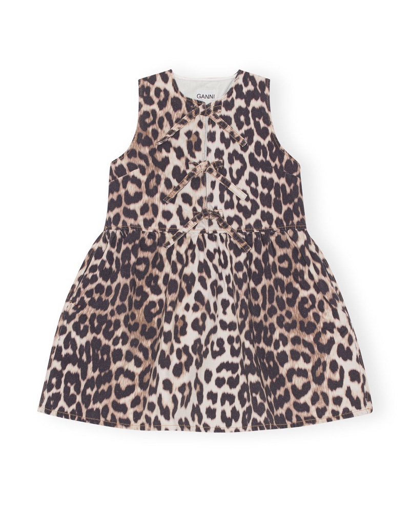 GANNI Print Denim Tieband Mini Kjole Big Leopard Almond Milk