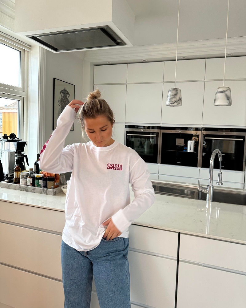 GANNI Layered Long Sleeve T-skjorte Bright White
