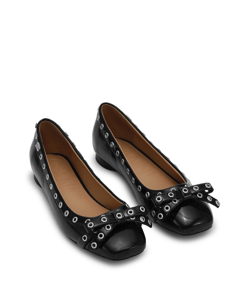 GANNI Black Eyelet Bow Ballerina Sko Sort