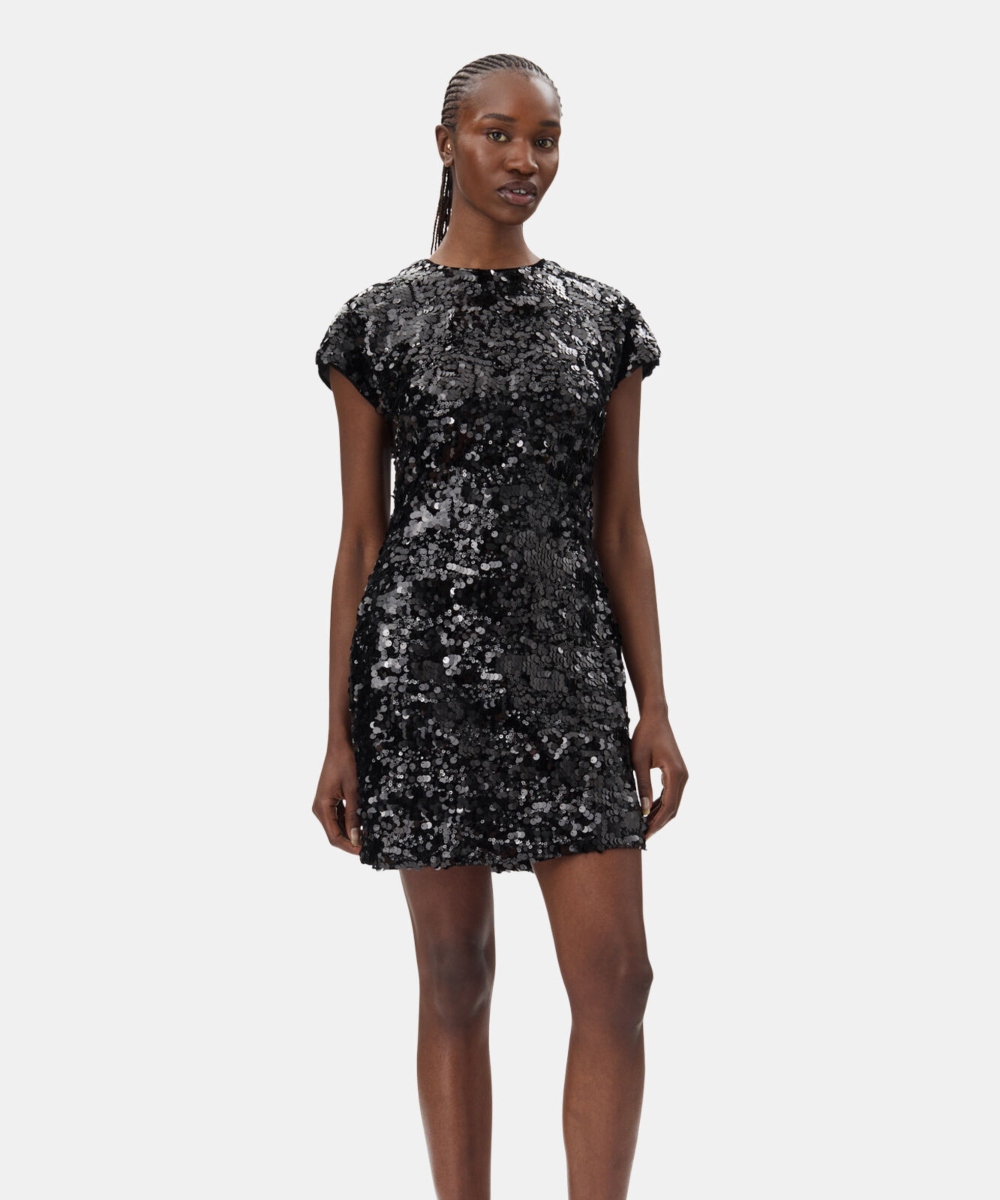 GANNI Velvet Sequins Mini Kjole Sort