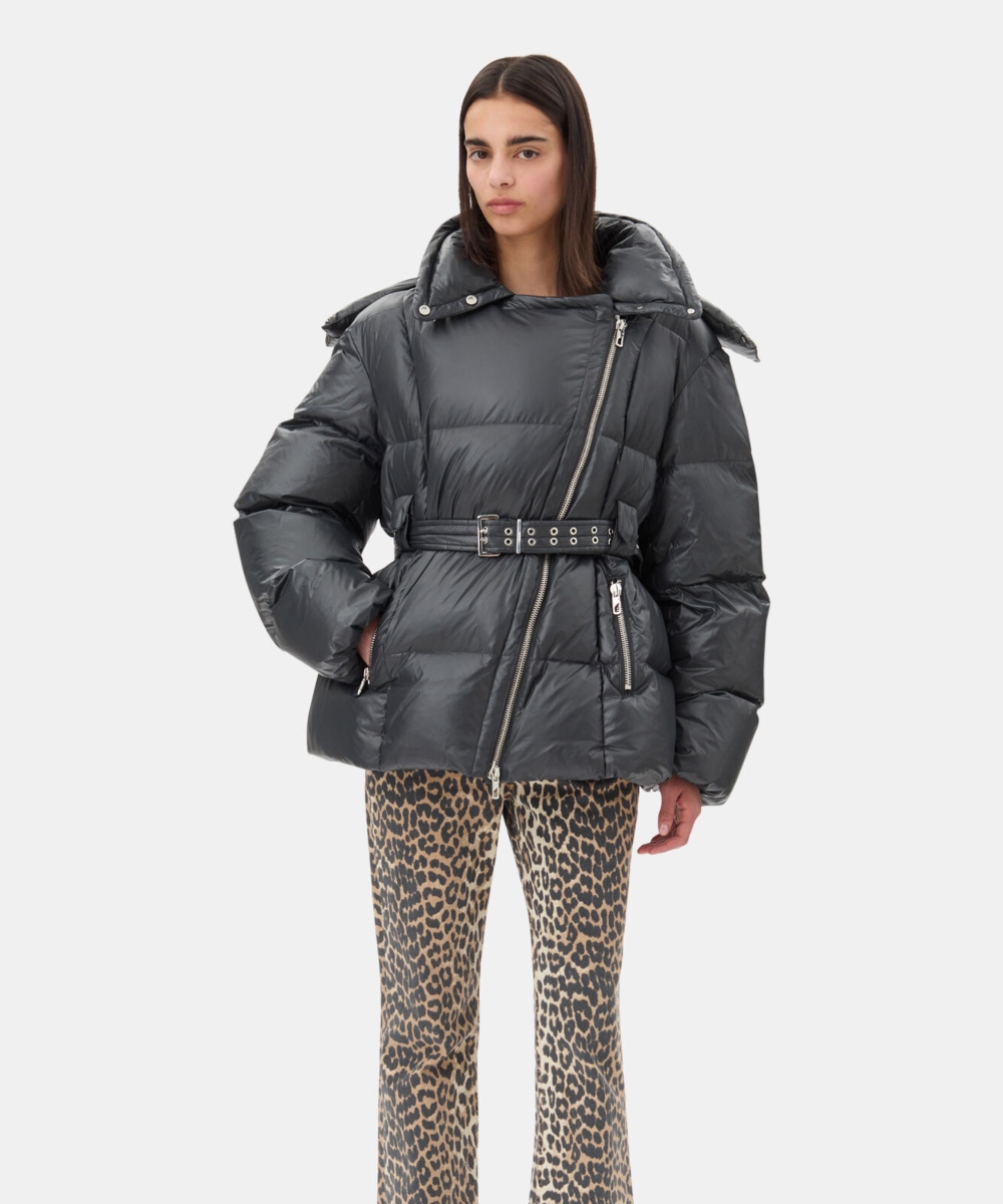 GANNI Shiny Nylon Puffer Jakke Black Sand