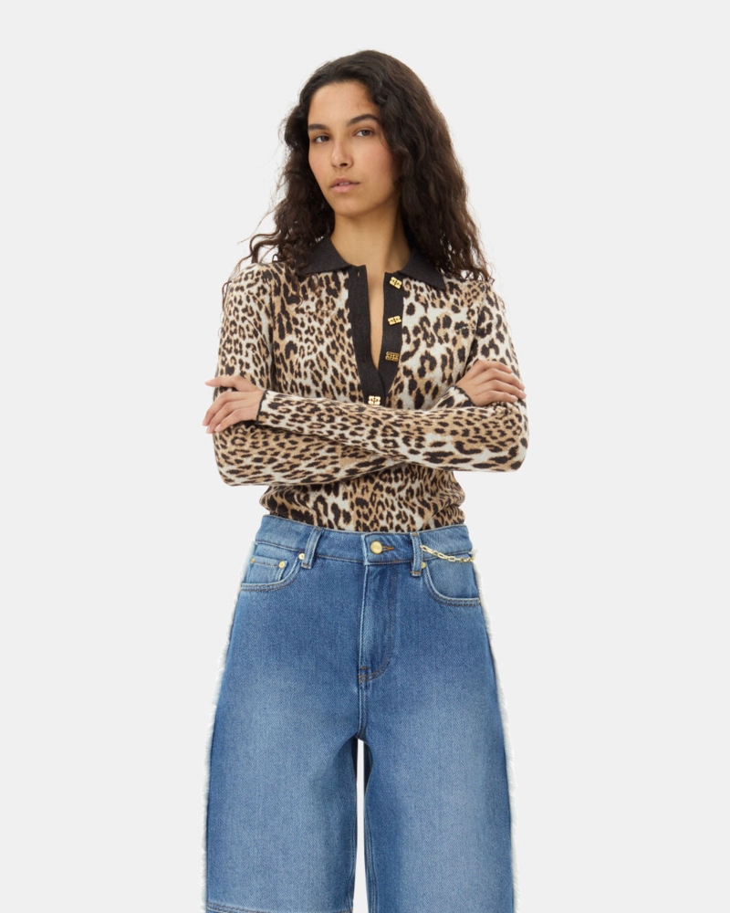 GANNI Fine Merino Jacquard Polo Genser Leopard