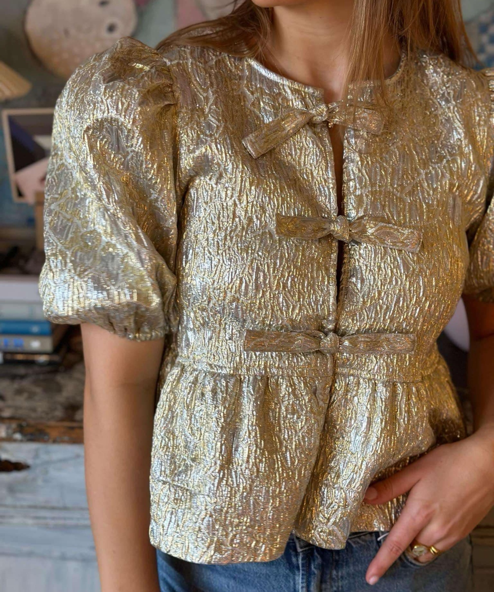 GANNI Peplum Tie Bluse Gold Silver - Bilde 2