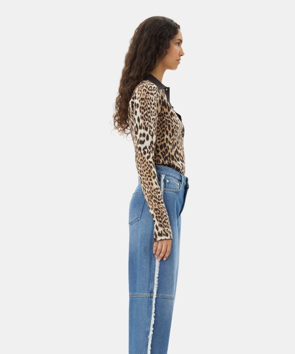GANNI Fine Merino Jacquard Polo Genser Leopard - Bilde 2
