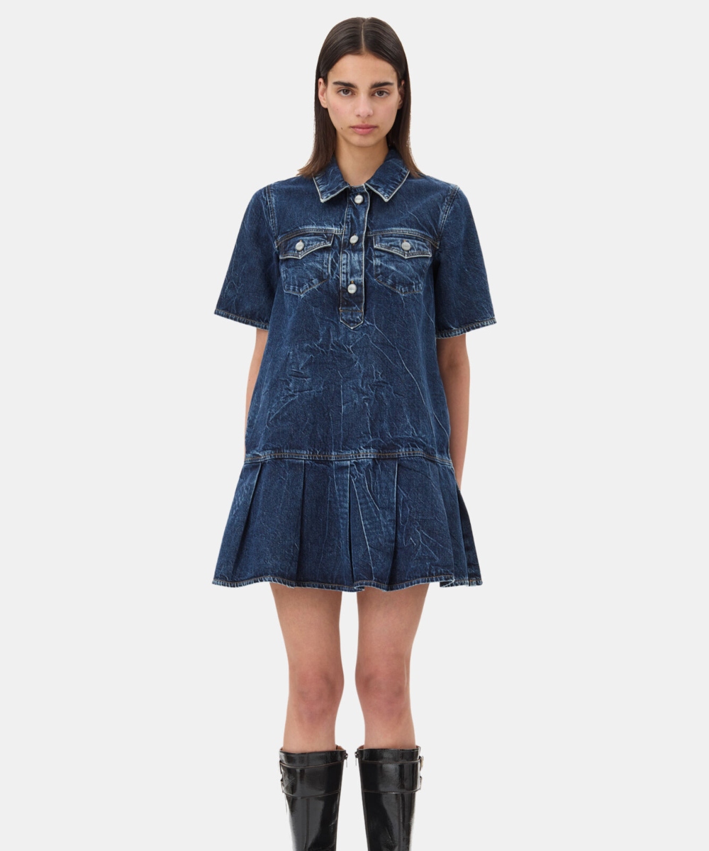 GANNI Crinkled Future Denim Mini Kjole Mid Bluse Stone