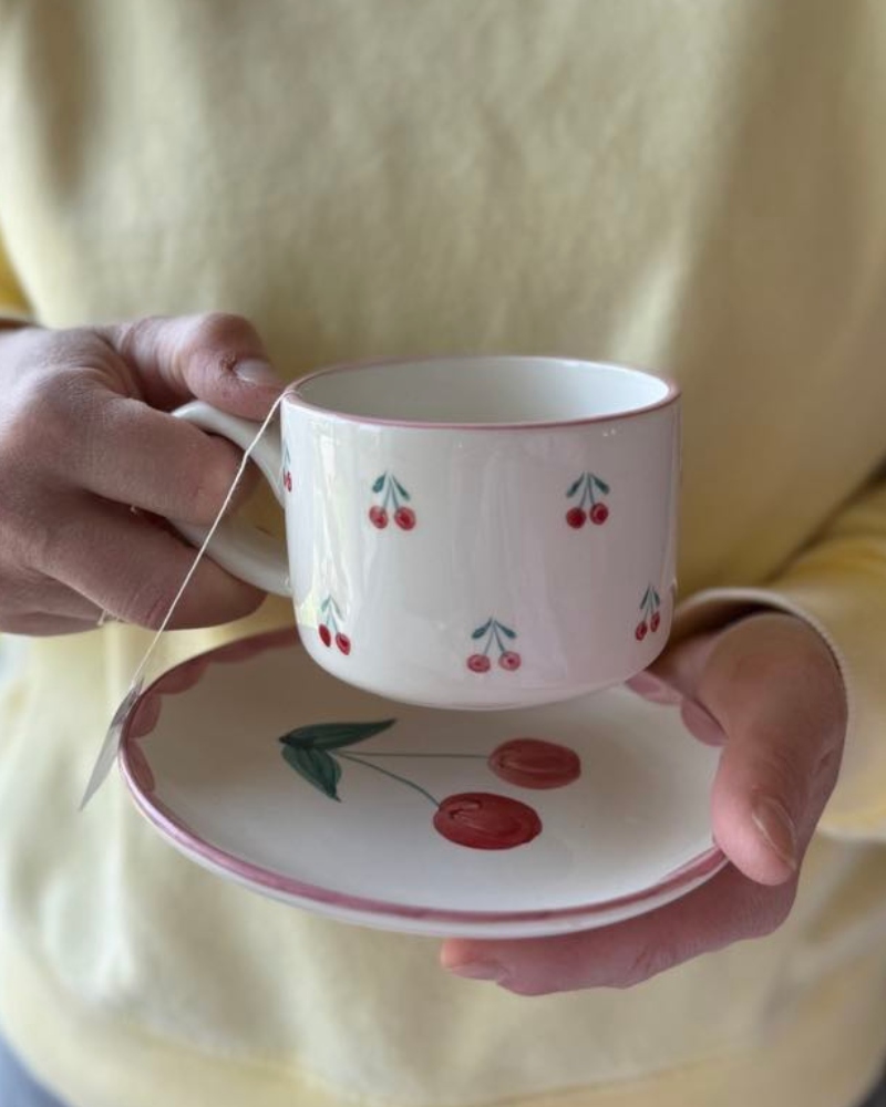 Rice Ceramic Cappuccino Cup Cream Cherries