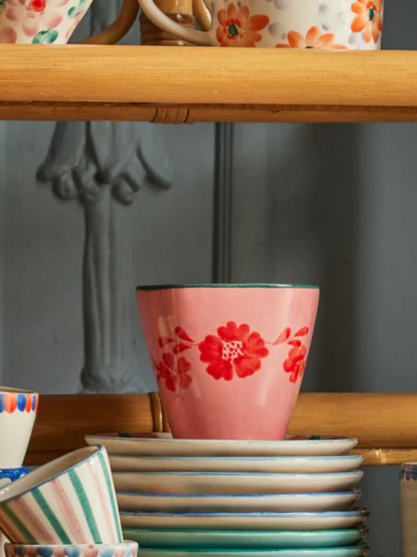 Rice Extra Small Oval Ceramic Espresso Cup Pink Flower Wine