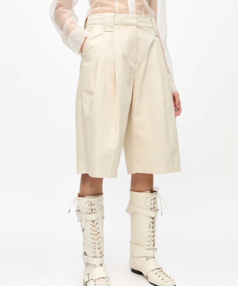 GANNI Cotton Melange Wide Shorts Sand