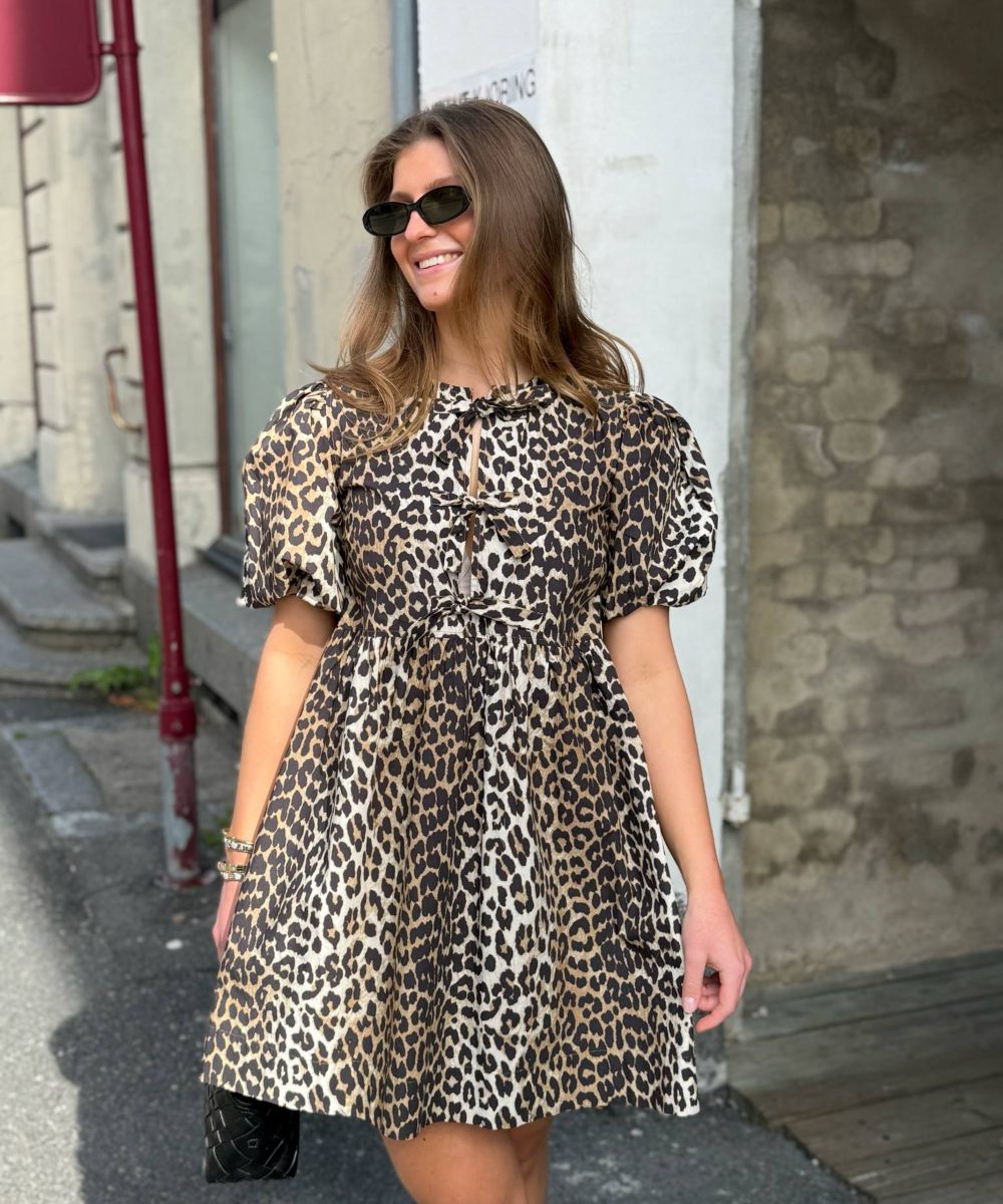 GANNI Printed Cotton Tie String Mini Kjole Leopard