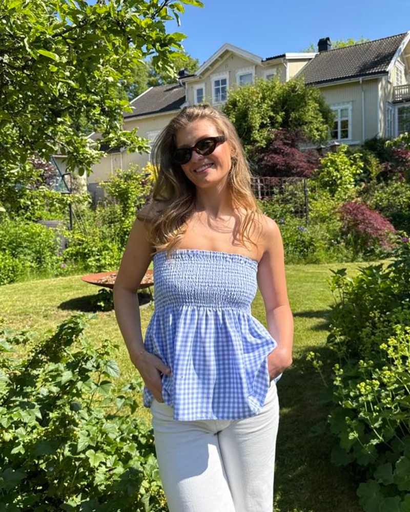 BY IDA Malla Topp Ruter Hvit Blå