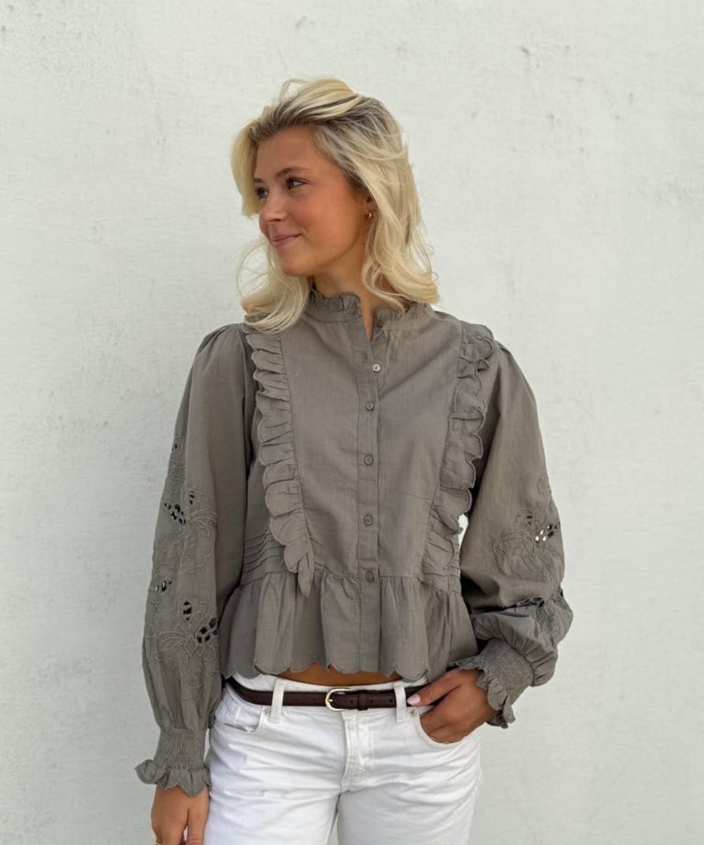 Neo Noir Petrine Embroidery Bluse Smoke Green