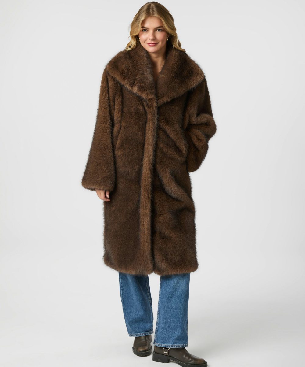 Neo Noir Stephanie Faux Fur Long Jakke Brun