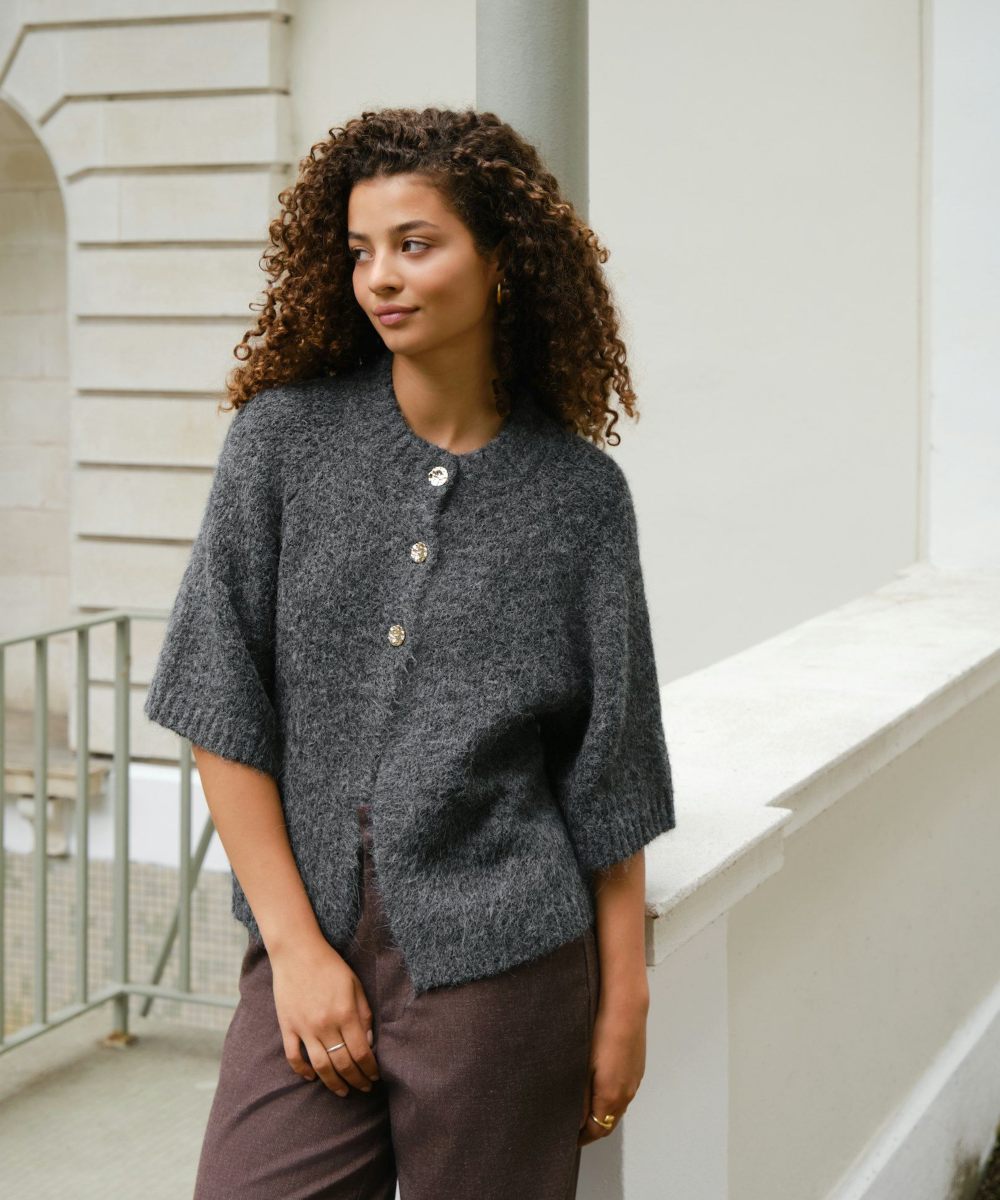 Neo Noir Benuta Fluffy Knit Cardigan Antracite Melange
