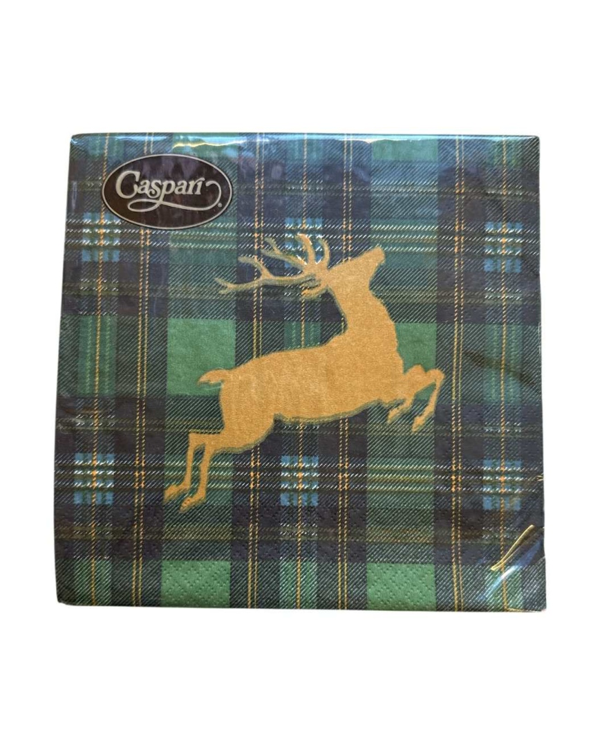 Caspari Juleservietter Lunsj Reindeer Tartan Green
