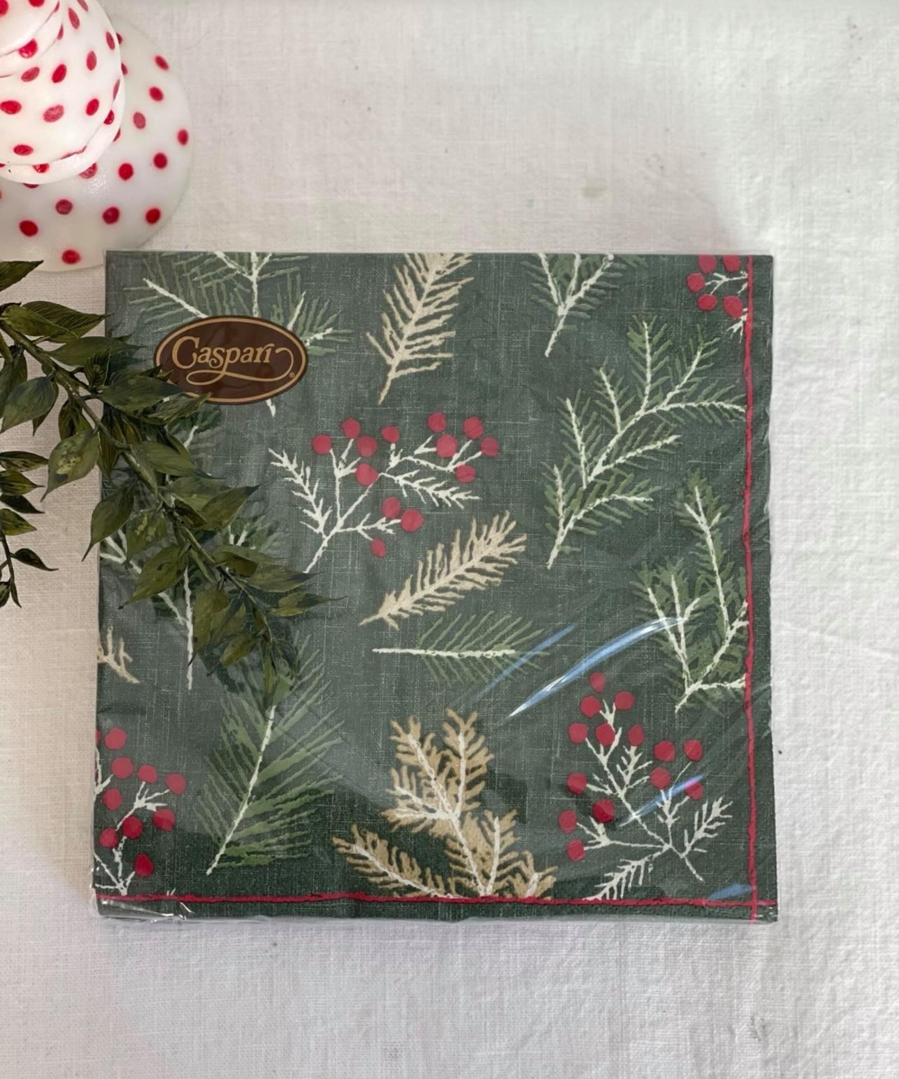 Caspari Juleservietter Middag Sprigs and Berries Evergreen