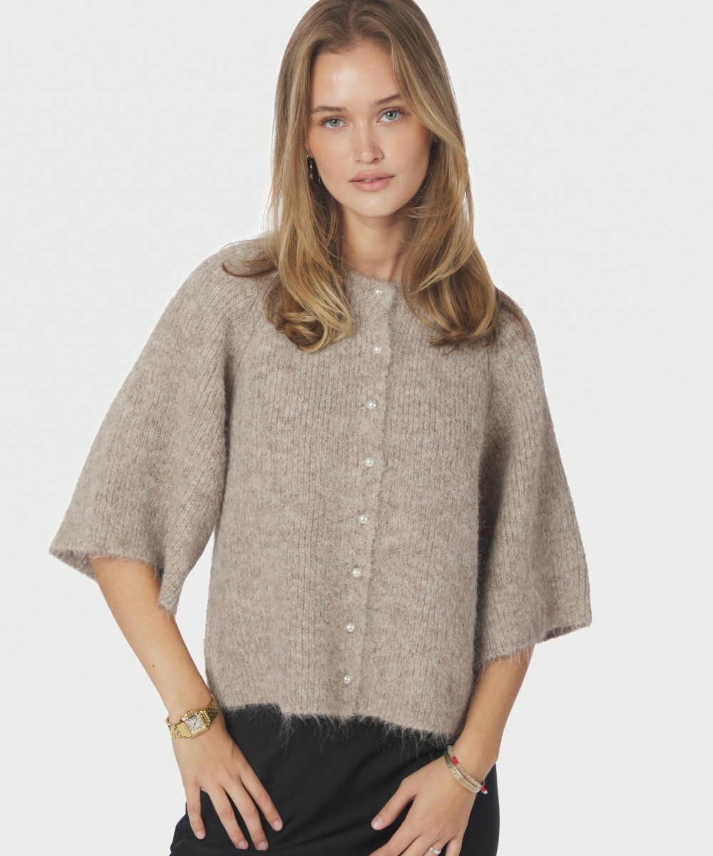 Neo Noir Amaya Fluffy Knit Cardigan Beige Melange