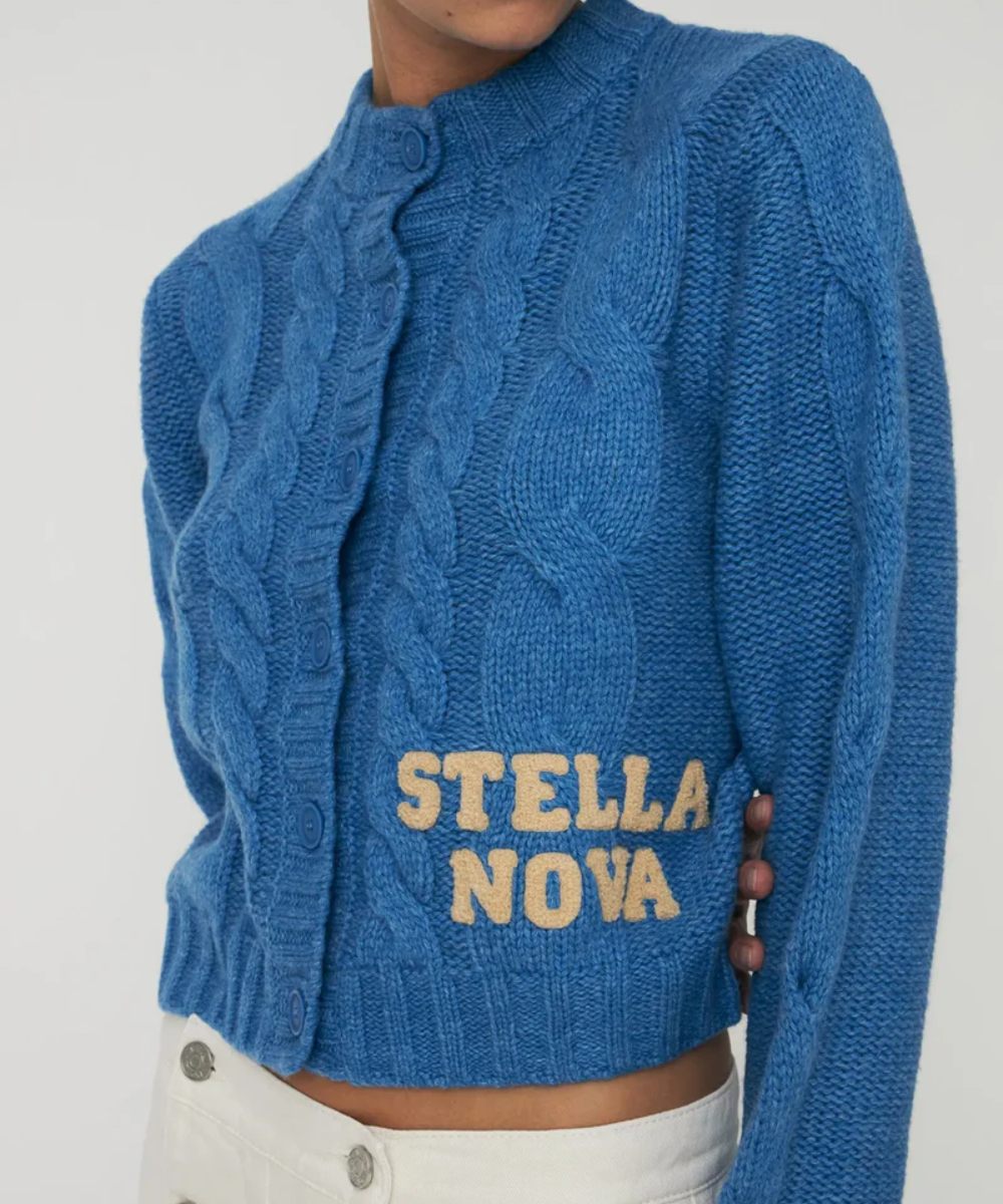 Stella Nova Cropped Cable Cardigan in Wool Mix Blue Sea