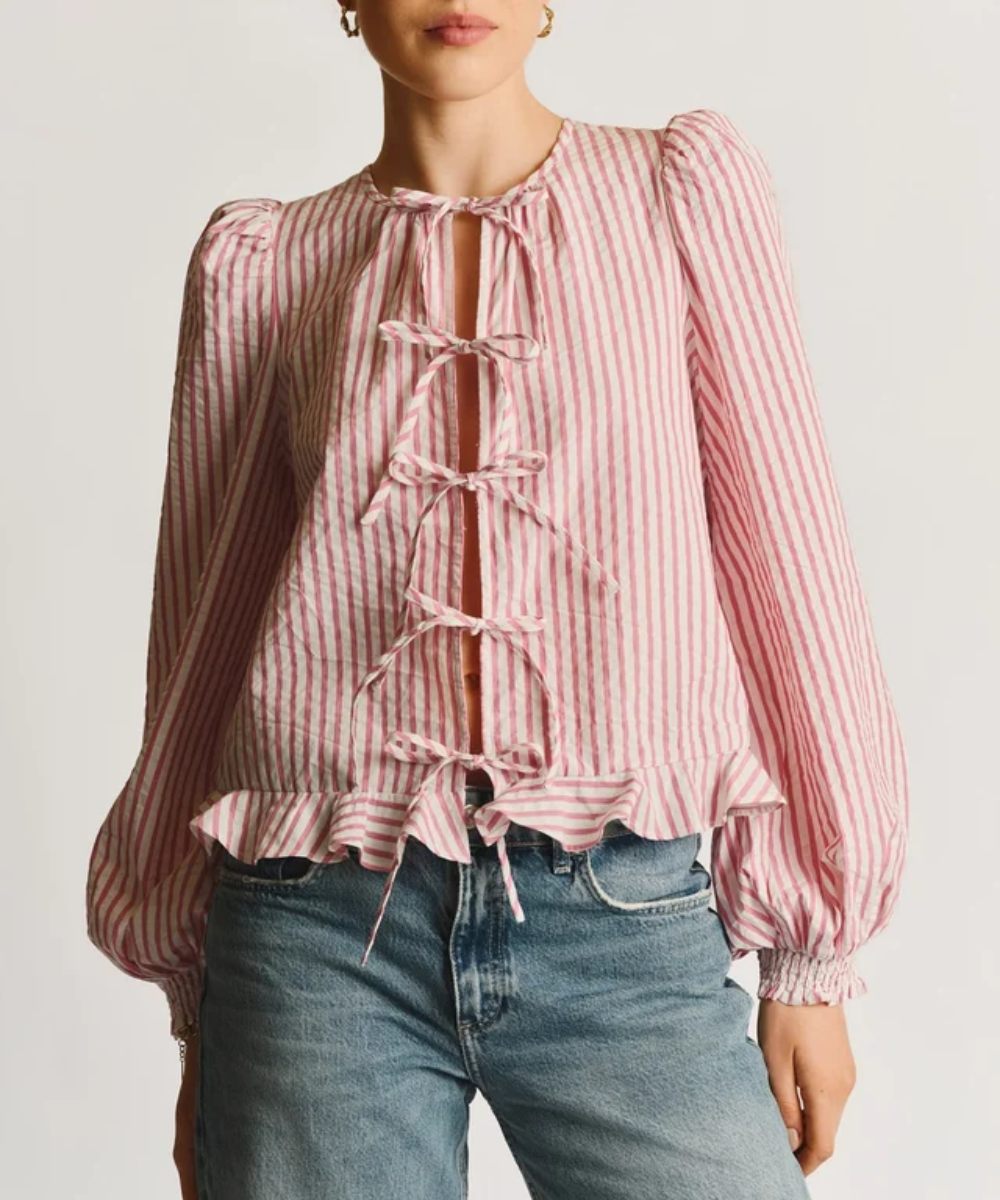 by TiMo Seersucker Bow Bluse Stripe Rosa