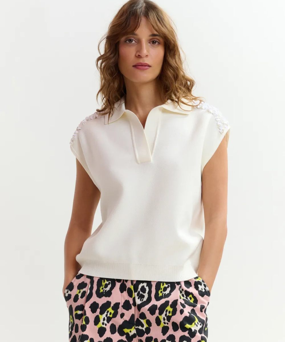Essentiel Antwerp Joline Embroidered Knit Polo Offwhite