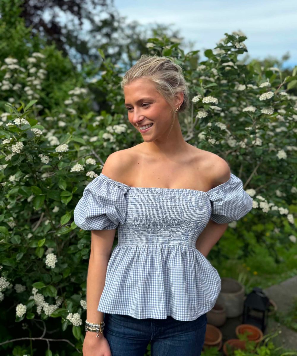 BY IDA Maren Off Shoulder Topp Små Ruter Blå Offwhite Onesize