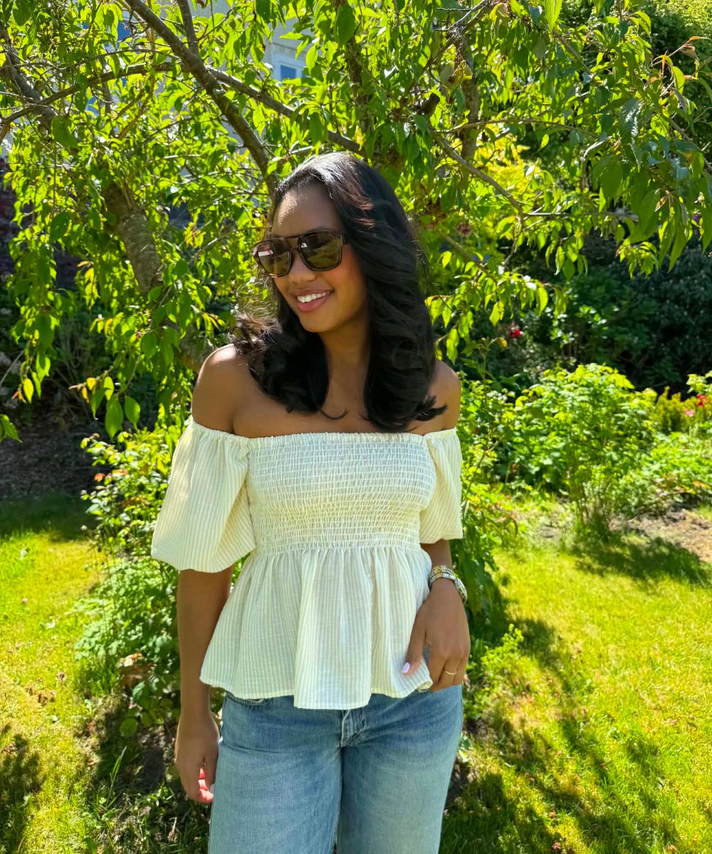 BY IDA Maren Off Shoulder Topp Striper Offwhite Gul