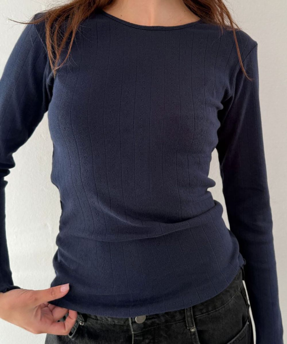 Boii Fenna O-Neck Tee Pointelle Navy