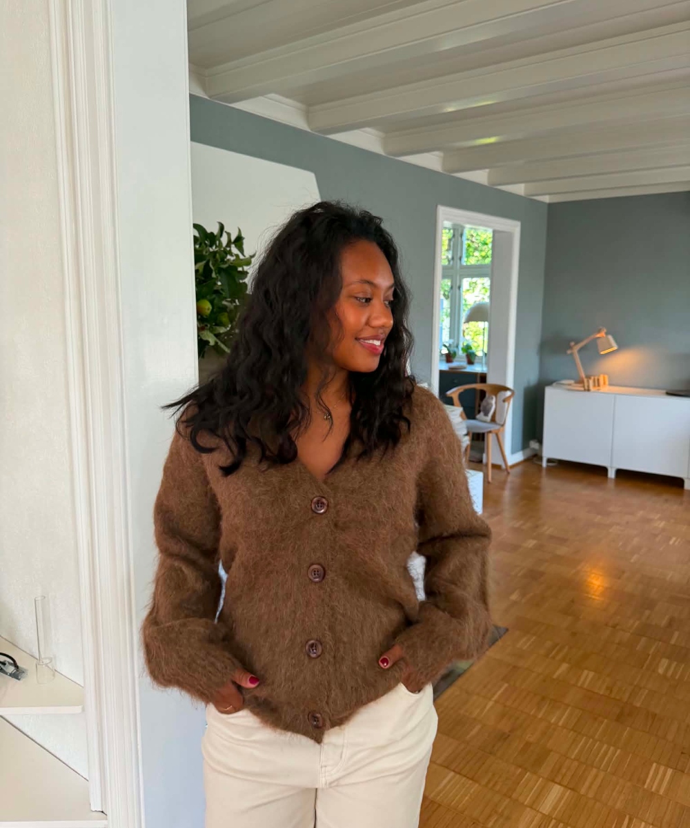 by TiMo Hairy Knit V-Neck Cardigan Brown