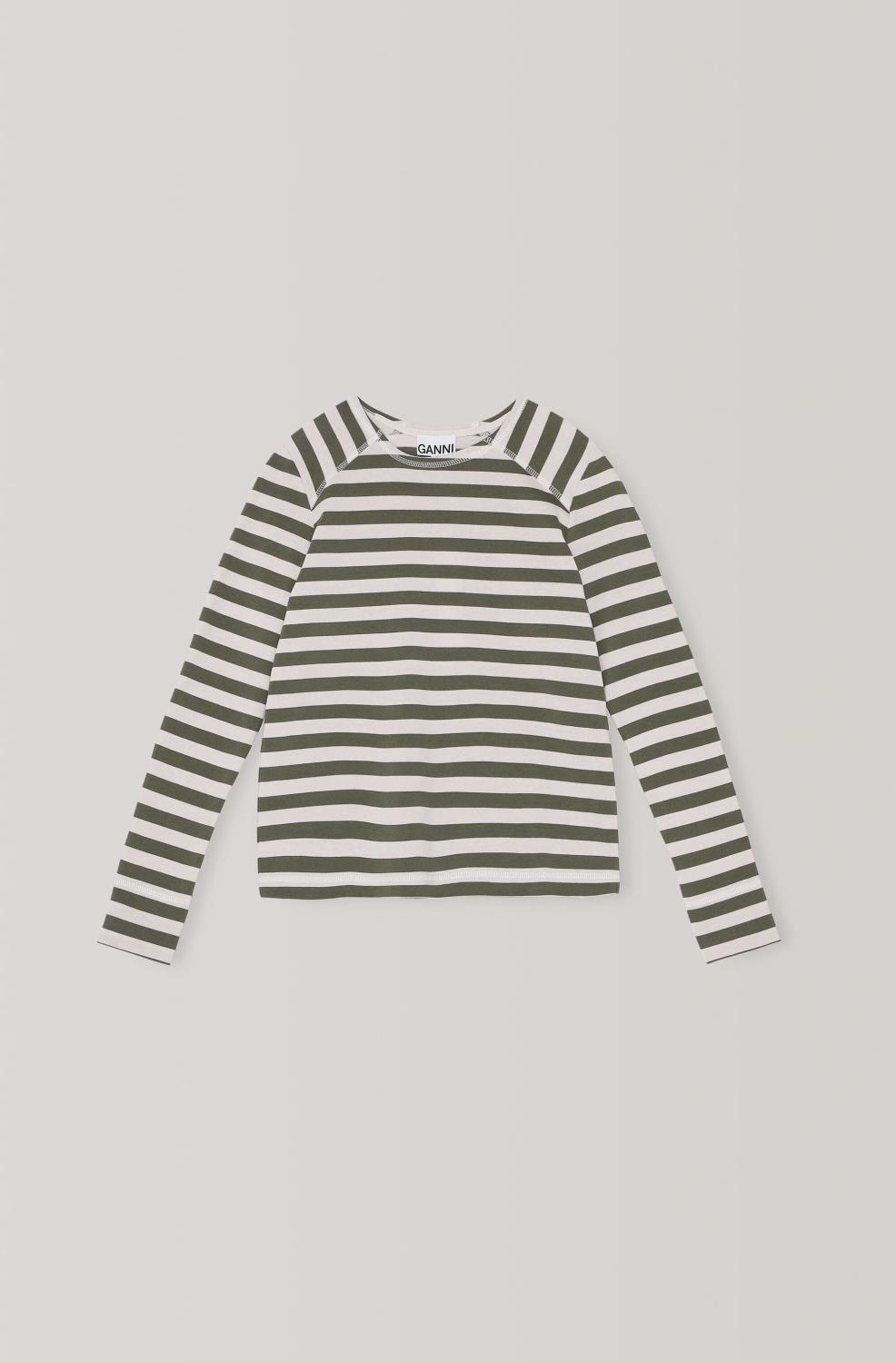 Ganni Stripe Cotton Jersey Langermet T-skjorte Kalamata