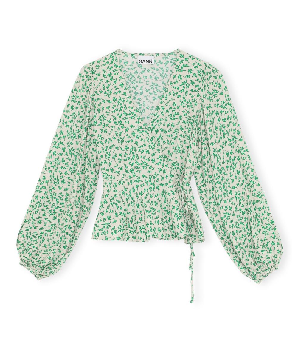 GANNI Printed Crepe Bluse Tapioca Grønn