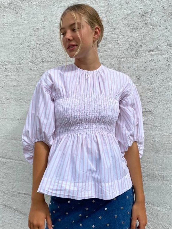 GANNI Stripe Cotton Bluse Cherry Blossom