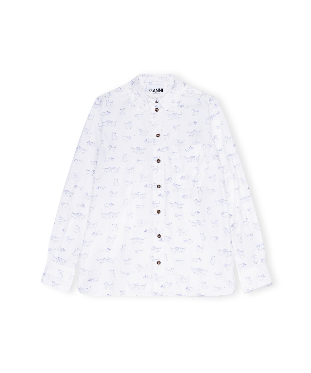 GANNI Printed Cotton Poplin Skjorte Katt Hvit