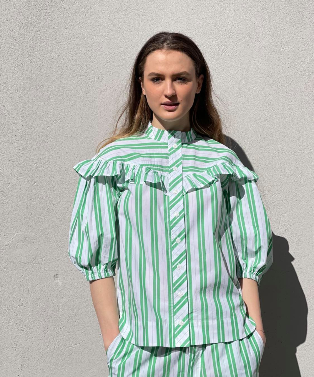 GANNI Stripe Cotton Bluse Grønn