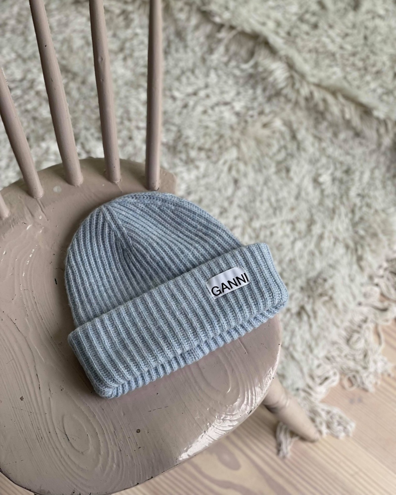GANNI Rib Knit Beanie Lue Heather Lys Blå