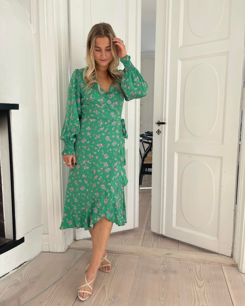 Neo Noir Eva Floral Satin Kjole Grønn