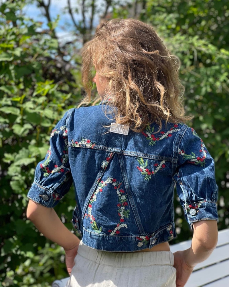 GANNI Embroidery Denim Puff Sleeve Jakke Dark Indigo - Bilde 3