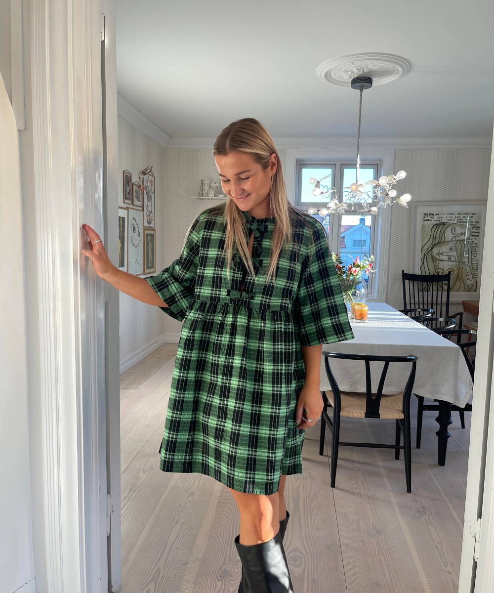 GANNI Seersucker Check Ribbon Mini Kjole Peapod