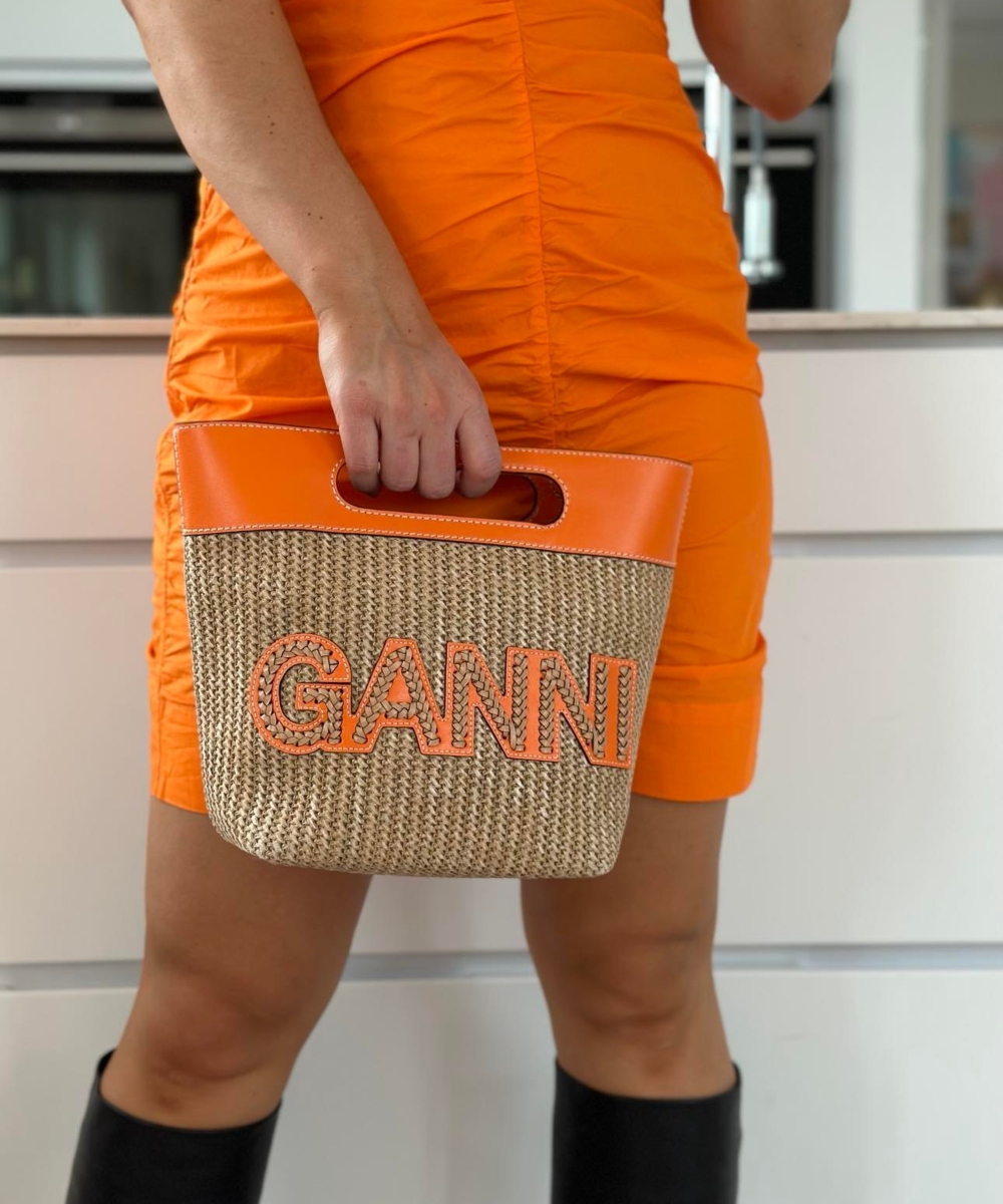 GANNI Kraft Small Tote Raffia Veske Vibrant Orange - Bilde 2