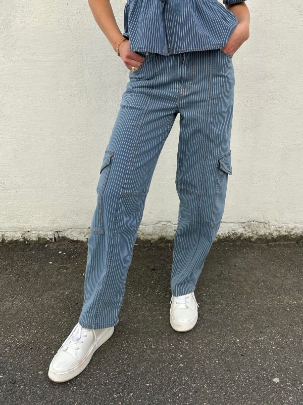 GANNI Light Stripe Denim Cargo Bukse Mid Blue Stone