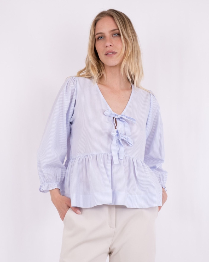 Neo Noir Bella Slim Stripe Bluse Lys Blå Striper