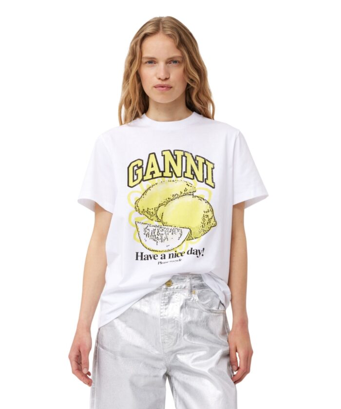 GANNI Basic Jersey Lemon Relaxed T-skjorte Bright White