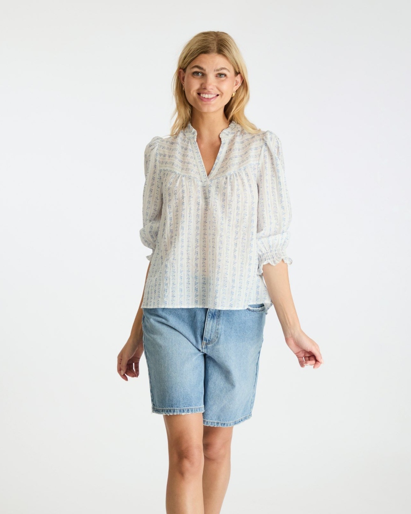 Neo Noir Carlie Flower Stripe Bluse Blue