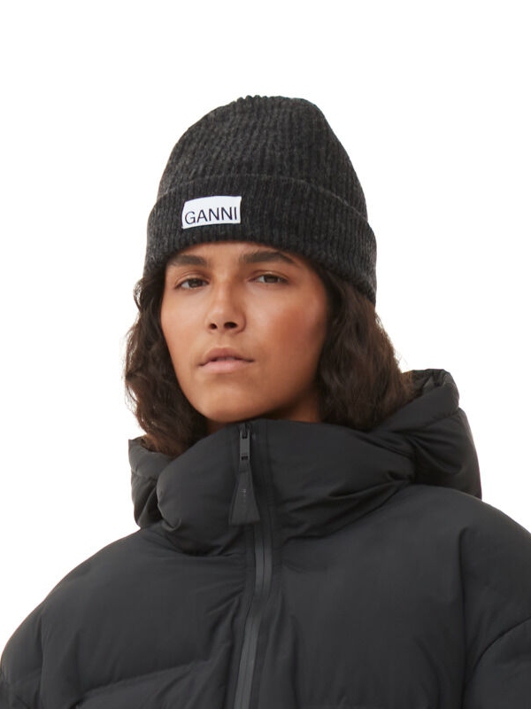 GANNI Fitted Wool Rib Knit Beanie Lue Phantom