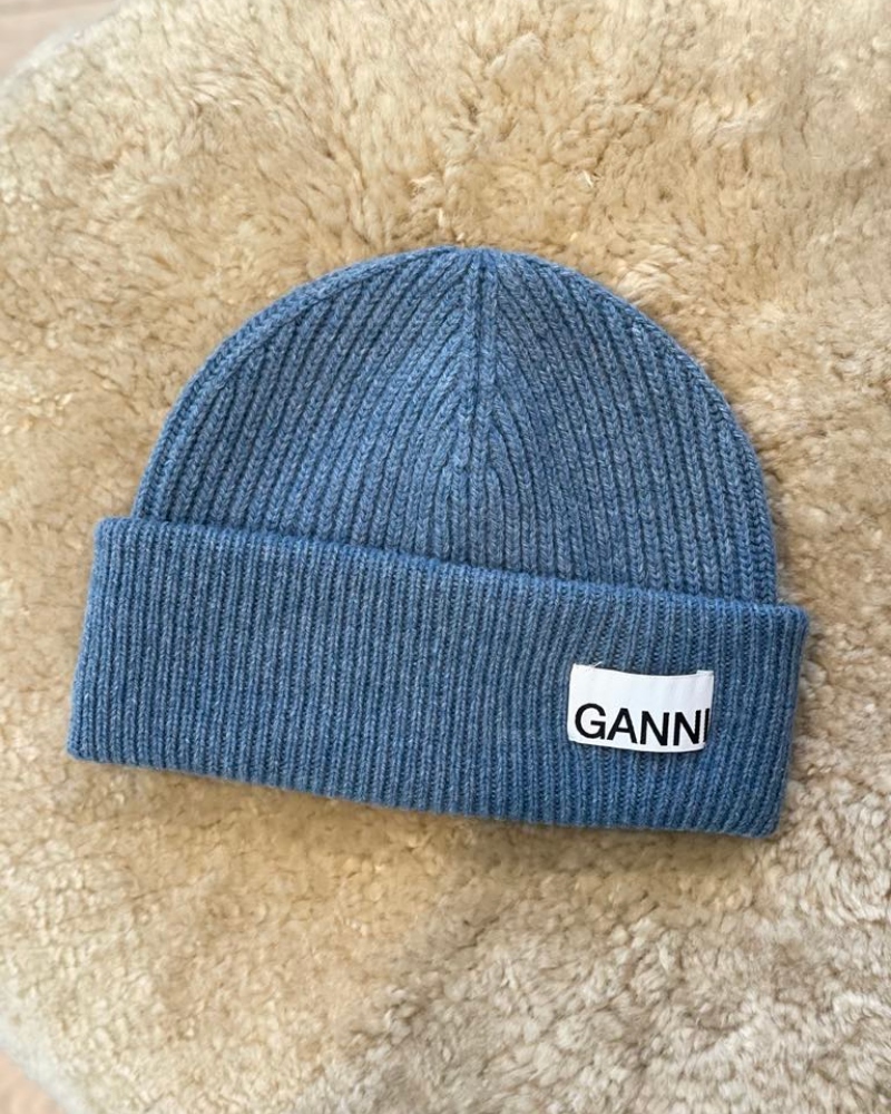 GANNI Fitted Wool Rib Knit Beanie Lue Dusty Blue